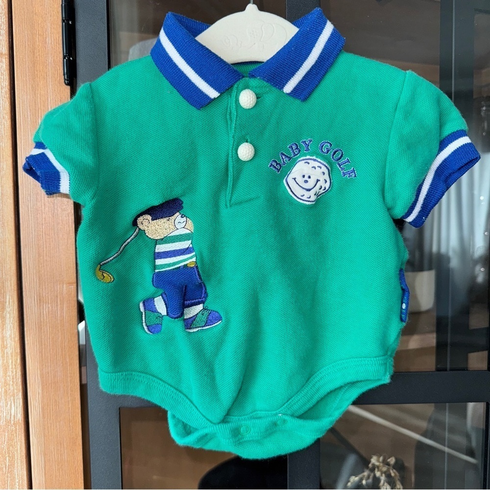 Vintage Baby Golf teddy bear embroidered polo onesie boys kelly short sleeve